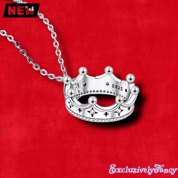 New Exclusively Fancy 925 Sterling Silver Crown Pendant Necklace - Picture 3 of 8